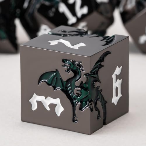 Sharp Edge Metallic DND Dragon Dice Set,Metal Polyhedral Dice with Dragon for Dungeons and Dragons RPG TTRPG D&D 7-Die Set with Gift Case - color: Dragon-black Nickel Sparkle Deep Green
