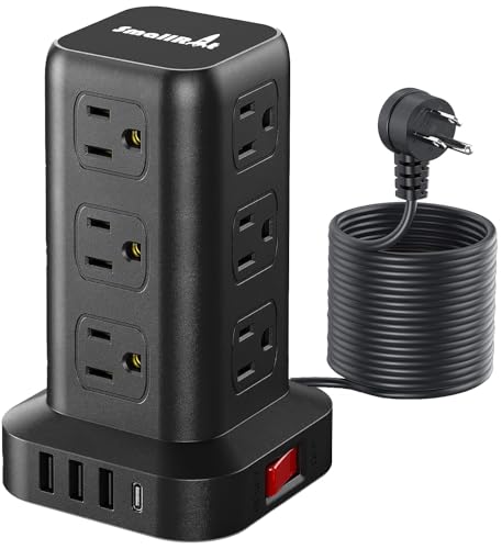 Extension Cord with Multiple Outlets, SMALLRT Power Tower, 15 FT Power Strip with USB Ports, 12 AC Outlets, Outlet Extender for Home Dorm Room Essentials, Office Supplies,Overload Protection - color: Black, size: 15 Ft without wireless charging