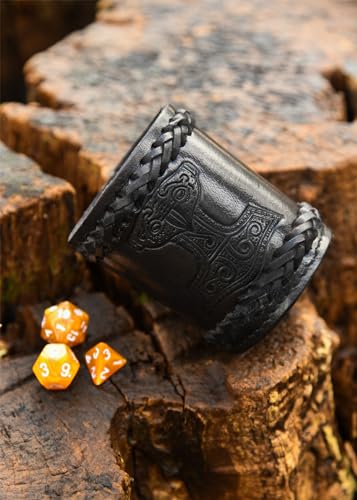 Ulfberth - Viking dice Cup with Embossed Motif - Genuine Leather - Medieval Leather Cup with Engraving (Thor's Hammer Style, Black) - color: Thor's Hammer, Black