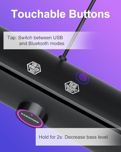 Computer Speakers for Desktop PC, Bluetooth 5.4 Sound Bar with Bass Boost, RGB Light Modes & Touch Buttons – HiFi Stereo USB Speakers for Gaming, Movies, Music, and Home Office - color: USB Powered