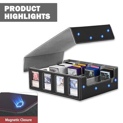 4-Row Trading Card Storage Box – Holds 3000+ Cards – Commander Display Slot, Magnetic Removable Lid, PU Leather Deck Box – Compatible with MTG Commander, TCG,(T2400Black&Gray) - color: T2400Black&Gray