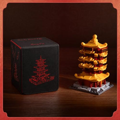 Chinese Takeout Deck Box Fits 35+ Toploader (Black and Red) | Holds 120 Single/100 Double-Sleeved Cards, Fit MTG/PTCG/OPTCG Cards, Strong Magnet, PU Leather, With 2 Dividers & 1 Toploader - color: Black and Red