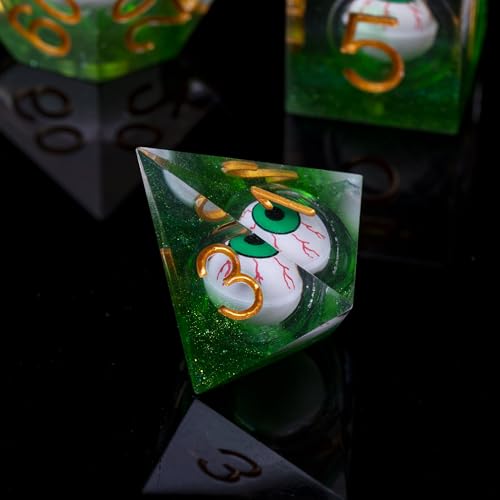 DND-Blood Eyes & Green,DND Dice Set Handmade 7 Accessories Sharp Edge Dice for Dungeons and Dragons TTRPG Games, Multi-Sided RPG Polyhedral Resin Sharp Edge Dice Roleplaying Games