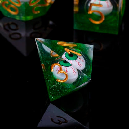 DND-Blood Eyes & Green,DND Dice Set Handmade 7 Accessories Sharp Edge Dice for Dungeons and Dragons TTRPG Games, Multi-Sided RPG Polyhedral Resin Sharp Edge Dice Roleplaying Games