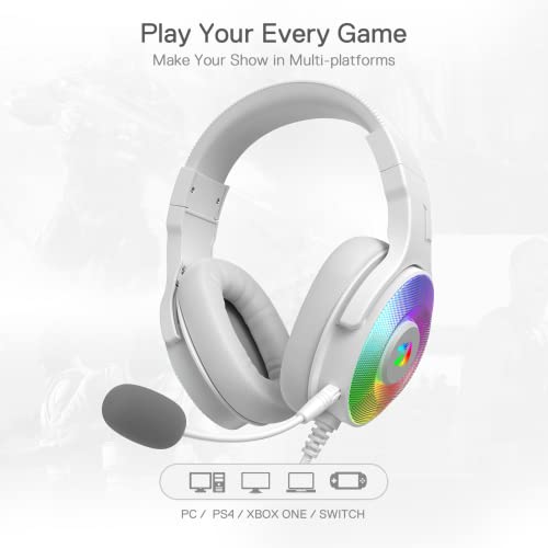 Redragon H350 White Wired Gaming Headset, Dynamic RGB Backlight - Stereo Surround-Sound - 50MM Drivers - Detachable Microphone, Over-Ear Headphones Works for PC/PS4/XBOX One/NS - color: White