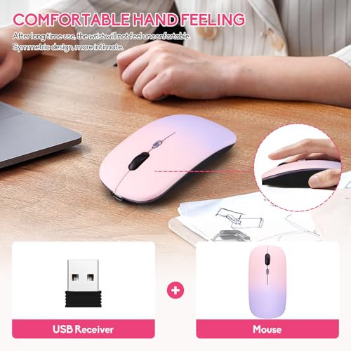 Wireless Bluetooth Mouse,LED Dual Mode Rechargeable Silent Slim Laptop Mouse,Portable(BT5.2+USB Receiver) Dual Mode Computer Mice,for Laptop,Desktop Computer,ipad Tablet,Phone,TV (Pinkish purple) - color: Gradient Pinkish purple