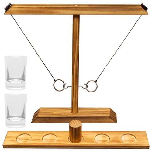 Ring Swing Game Set – Wooden Ring Toss Game with Shot Glasses for Indoor & Outdoor Parties, Fun Party Game for Adults & Family