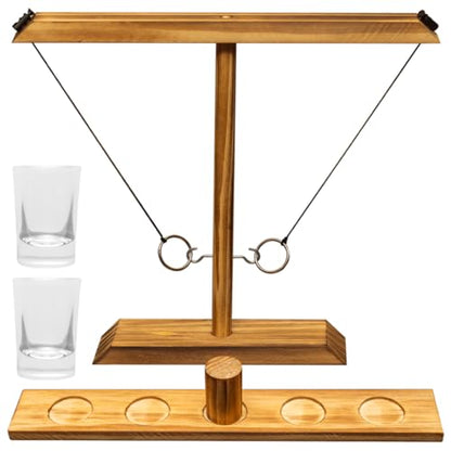 Ring Swing Game Set – Wooden Ring Toss Game with Shot Glasses for Indoor & Outdoor Parties, Fun Party Game for Adults & Family