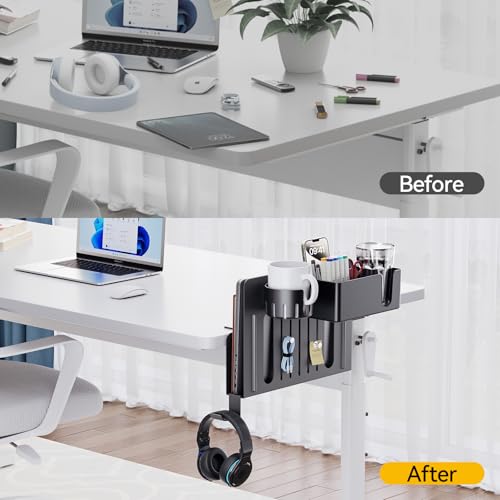 KDD 7 in 1 Desk Side Organizer Set, Under Desk Laptop Holder Storage, No Drill Laptop Stand Mount with 2 Cup Holder, Pen Holder, Headphone Hanger and 2 Pin Magnet, Detachable Hanging Stand