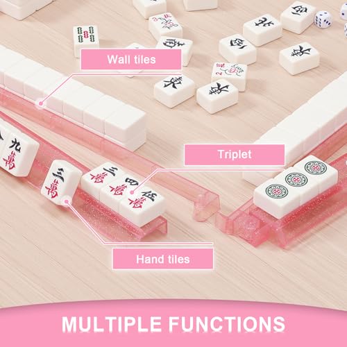 Mahjong Racks with Pushers 4PCS Set Majiang Tile Holder Acrylic Mahjong Racks Accessories and Gifts (Glitter Pink) - color: Bling Pink