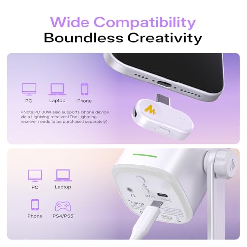 MAONO PD100W Wireless USB Dynamic Microphone, Gaming PC Mic with One-Click Noise Reduction,Mute Button,Custom RGB,3.5mm Headphone Jack,Software,Podcast Streaming Mic (Boom Arm(USB-C Receiver), White) - color: White