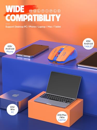 RAPIQUE Bluetooth Wireless Mouse,BT1/BT2+2.4G,Dual Mode,Blue and Orange | 3-Device Switching, USB-C Rechargeable, Quiet Clicks, 800/1200/1600 DPI, 6 Buttons, Ergonomic Grip, For Laptop, MacBook, iPad - color: Orange and Blue
