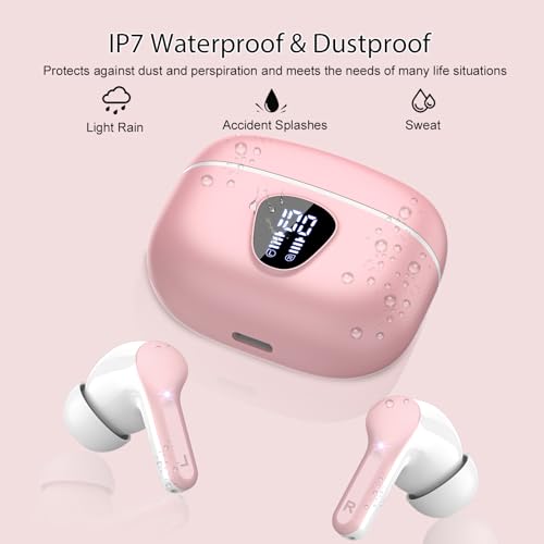Wireless Earbuds, Bluetooth 5.4 Headphones HiFi Stereo, Bluetooth Earbuds with ENC Noise Cancelling Mic, IP7 Waterproof in Ear Earphones, 48H, LED Display Ear buds for Pad Phone Workout Sports, Pink - color: Pink