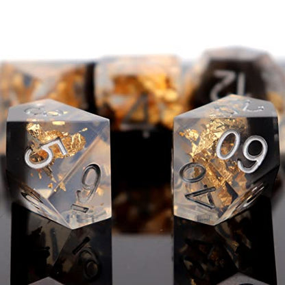 Haxtec DND Dice Set Black Sharp Edge Resin Dice Gold Flakes with Dice Case Black White Gold D&D Dice for RPG Role Playing Games Compatible with Dungeons and Dragons Gift War Series - color: Black Gold