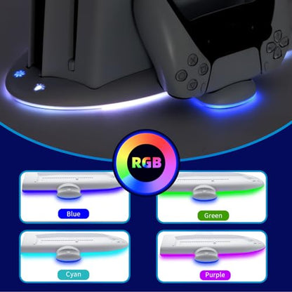 ECHZOVE PS Slim Cooling Station with RGB Lights High-Speed Cooling Fan & Controller Charging Dock, DualSense Charger Stand for P5 Slim Console, Space-Saving Stand