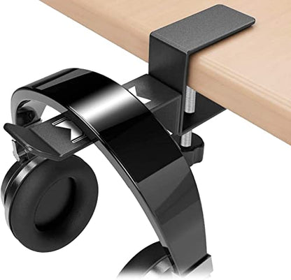 Metal Headphone Headset Holder Hanger with Under Desk Design Mount Clamp Clip Grip - Hooks onto Surface Without Glue Or Mess - Fits Headphones