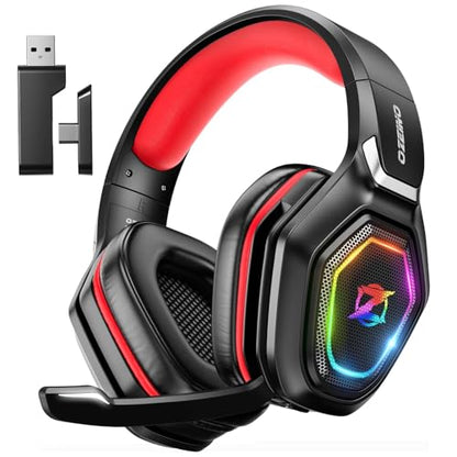 Ozeino 2.4GHz Gaming Headset Wireless with Flip Mic for Ps5, Ps4, PC, Gaming Headphones with USB-A & USB-C Transmitter, 40Hr Battery Gamer Headset for Laptop, Mobile, Mac - color: Red
