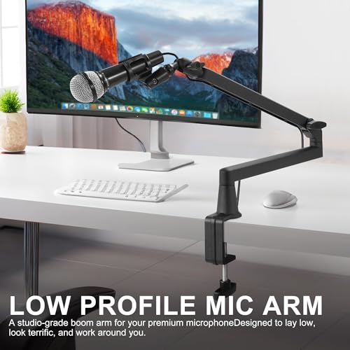 Low Profile Mic Arm 15cm Extra Riser Adjustable Mic Boom Arm Metal Desk Mounted Microphone Stand Cable Management Flexible Microphone Holder for Podcast Streaming Gaming Desktop - color: Black