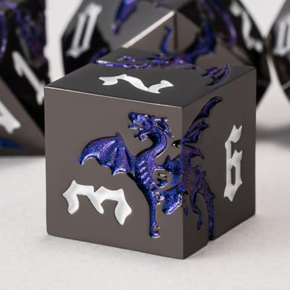 Metal D&D Dragon Dice Set,Metallic DND Polyhedral Dice for Dungeons and Dragons RPG TTRPG D&D 7-Die Set with Gift Case - color: Dragon-pearl Gun Sapphire Blue