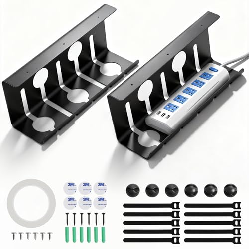 Large Metal Under Desk Cable Management Tray, 16.5"L x 4.7"W x 6.8"H, 2 Pack Under Desk Cable Tray, Wire Organizer for Power Strip, Tape Mount or Screw Mount, Easy Install Cord Raceway for Desk & Home - color: Black, size: 16.5" L x 4.7" W x 6.8" H