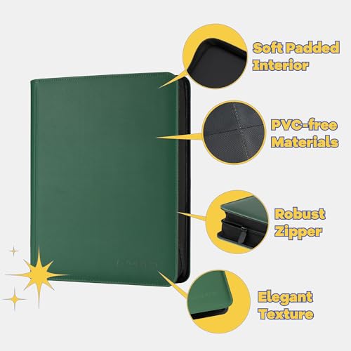 9-Pocket Toploader Binder, Clovecat Premium Card Book， Holds 252 Trading Card with 20 Removable Top-loader Sleeves，PU Card Holder Folders,Card Album for MTG, TCG, Yugioh, Game & Sports Cards(Green) - color: Green