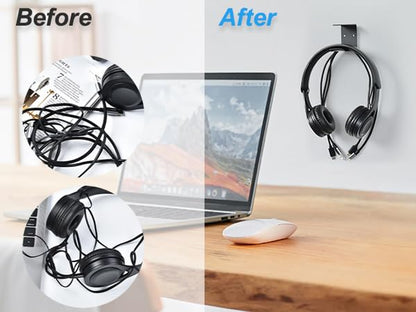 aceyoon Aluminum Alloy Headphone Stand 2 Pack Under Desk Mount Hook Adhesive or Screws Headset Hanger with Silicone Pad 5kg Load Capacity Silicone Gaming Headset USB Cables for Studio / Office / Home