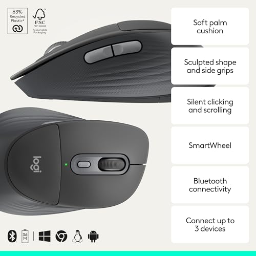 Logitech Signature Comfort Plus M850 L Wireless Mouse Bluetooth - Graphite | Bluetooth, palm cushion, 24-month battery, customizable buttons, for Windows, Mac, iPad - color: Graphite, style: With Palm Cushion