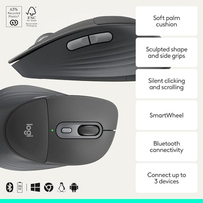 Logitech Signature Comfort Plus M850 L Wireless Mouse Bluetooth - Graphite | Bluetooth, palm cushion, 24-month battery, customizable buttons, for Windows, Mac, iPad - color: Graphite, style: With Palm Cushion