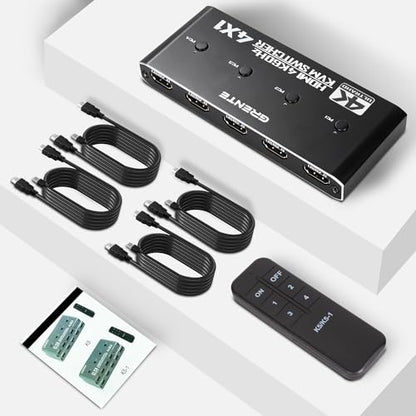 4 Port KVM Switch HDMI 1 Monitors 4 Computers - 4K@60Hz KVM Switcher with USB 2.0, 1 Keyboard 4 Computers Switch Box for Desktop, Mini PC, Laptop, Linux - with 4 HDMI Cables & USB Cables