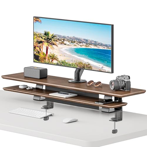PEGZONE Dual Monitor Stand, Clamp-On Wooden Monitor Stands Riser for 2 monitors,41.7" Computer Monitor Riser for Desk, 2-Tier Desktop Organizer with Magnetic Back Panel for Computer & Laptops