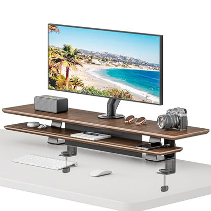 PEGZONE Dual Monitor Stand, Clamp-On Wooden Monitor Stands Riser for 2 monitors,41.7" Computer Monitor Riser for Desk, 2-Tier Desktop Organizer with Magnetic Back Panel for Computer & Laptops