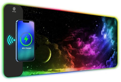 AIMSA Wireless Charging RGB Gaming Mouse Pad 15W, Extended LED Desk Mat Protector 800x300x4MM, 14 Light Modes Extra Large Mousepad Non-Slip Rubber Base Desk Mat, Nebula Universe - color: Nebula Universe