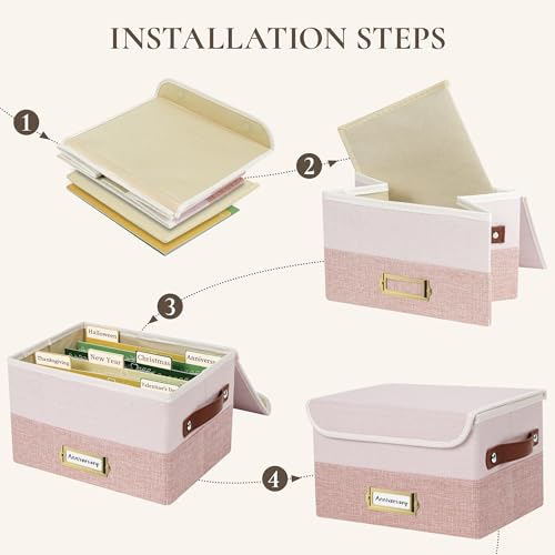 Vienrose Greeting Card Organizer Box, Foldable Storage Box with 20 Removable Dividers and 84 Self-Adhesive Labels, Card Box for Greeting Cards Photos Envelopes Stickers Postcards, Light Pink&Lotus - color: Light Pink & Lotus