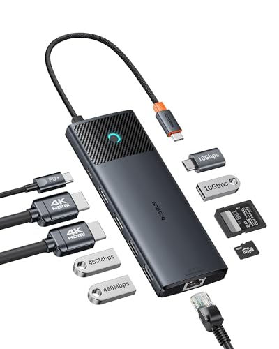 Baseus Docking Station Dual Monitor 10Gbps 10 in 1 USB C Hub with 2 HDMI | Single 4K@120Hz, Dual 4K@ 60Hz, 10Gbps USB C and USB A, Gigabit Ethernet, PD 100W, SD/TF for iPhone 17/Mac/Dell/HP/Lenovo - size: 10 in 1