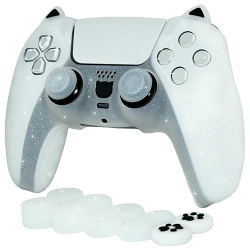 White Cat Glitter Anti-Slip Protective Silicone Cover Skin Grips Compatible with PS5/Slim/Pro Controller,8 PCS Glitter Thumb Grips Caps and 2 Paw Grips Caps. (Cat White) - color: Cat White