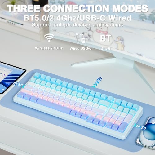 AULA F99 Wireless Mechanical Keyboard,Triple-Mode(BT5.0/2.4GHz/USB-C),Gasket Mounted Creamy Keyboard with Linear Switches, Side Printed PBT Keycaps,RGB Backlit PC Gaming Keyboards for Win/Mac - color: Blue Purple