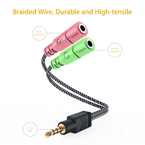 MillSO Headphone Mic Splitter [2 Pack] 3.5mm Headset Adapter 2 TRS Female to TRRS Male CTIA Stereo Audio Mic Jack Y Splitter for Dual-Plug Gaming Headset to Xbox, PS4, Phone, Laptop, PC - size: 2 Pack / 0.6 Feet