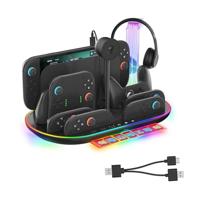 Switch 2 Charging Dock Stand with Cooling Fan,Charger for Joycons 2 and Switch 2 Pro Controller with RGB Light Storage Stand for Headset & Camera Storage Slot &7 Game Card Slots