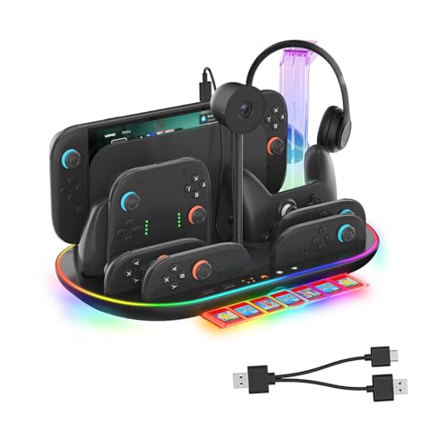 Switch 2 Charging Dock Stand with Cooling Fan,Charger for Joycons 2 and Switch 2 Pro Controller with RGB Light Storage Stand for Headset & Camera Storage Slot &7 Game Card Slots
