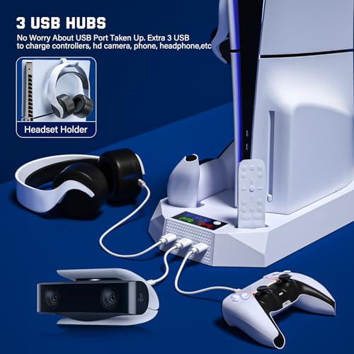 PS5 Slim Cooling Station with Controller Charging Station for PlayStation 5 Console Slim&Standard Disc/Digital, PS5 Cooling Stand Accessories with Cooler Fan/3 USB Hubs/Media&Headset Holder/Screw - color: Fit 2023 PS5 Slim+2020 PS5