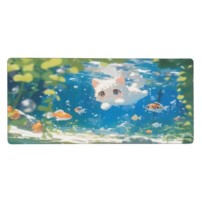 XXL Gaming Mouse Pad 35.4x15.7 inch, Cute Kawaii Cat Landscape Theme Desk Mat,Large Water Swimming Fish Scene Mousepad (Water Kawaii Cat) - color: Water Kawaii Cat