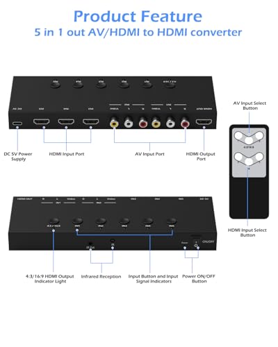 5-in-1 HDMI/AV Switcher, RCA to Digital Converter – 2 AV & 3 HDMI Inputs, Support HDR & HDCP 2.2 & Full 3D for Sega/Xbox/PS1/PS2/Xbox,PS5/PS4,Roku,Fire Stick - size: 2AV+3HDMI to HDMI Converter
