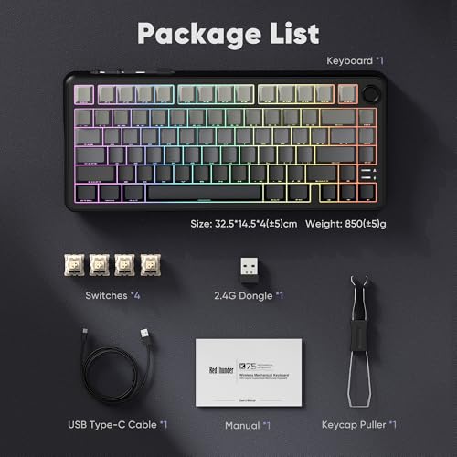 RedThunder K75 Wireless Mechanical Gaming Keyboard, 75% Hot Swappable Creamy Keyboard with Knob, RGB Backlit, Pre-lubed Linear Switches, Side Engraved PBT Keycaps, Wireless/Wired/BT5.0, Gradient Gray - color: Gradient Gray