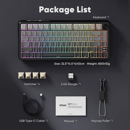 RedThunder K75 Wireless Mechanical Gaming Keyboard, 75% Hot Swappable Creamy Keyboard with Knob, RGB Backlit, Pre-lubed Linear Switches, Side Engraved PBT Keycaps, Wireless/Wired/BT5.0, Gradient Gray - color: Gradient Gray