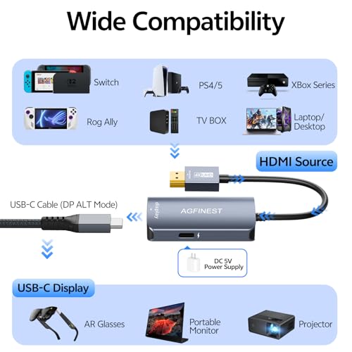 HDMI to USB C Adapter for AR Glasses - 4K@60Hz 2K@120Hz HDMI Source to USB-C Display, Aluminum Housing, for PS5, Xbox, Switch, Laptop, Fire TV Stick to XREAL, Rokid, RayNeo, Viture, Portable Monitor