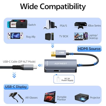 HDMI to USB C Adapter for AR Glasses - 4K@60Hz 2K@120Hz HDMI Source to USB-C Display, Aluminum Housing, for PS5, Xbox, Switch, Laptop, Fire TV Stick to XREAL, Rokid, RayNeo, Viture, Portable Monitor