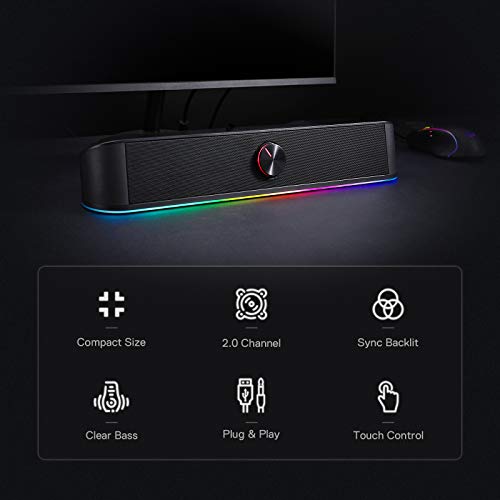 Redragon GS560 RGB Desktop Soundbar, 2.0 Channel Computer Speaker with Dynamic Lighting Bar Audio-Light Sync/Display, Touch-Control Backlit with Volume Knob, USB Powered w/ 3.5mm Cable, Black | 2.0 Stereo Enhanced Auido Quality, Touch-Control Backlit, Vol