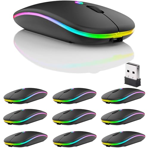 10 Pack Wireless Bluetooth Mouse,LED Dual Mode Rechargeable Silent Slim Laptop Mouse,Portable(BT5.2+USB Receiver) Dual Mode Computer Mice,for Laptop,Desktop Computer,ipad Tablet,Phone,TV (Black) - color: 10 pack black