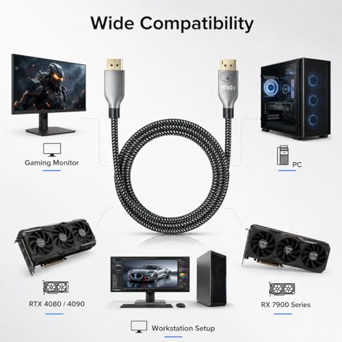 80Gbps DisplayPort 2.1 Cable 3.3FT, DP 2.1 Cable [Supports 16K@60Hz, 8K@120Hz, 4K@240Hz/165Hz/144Hz], Compatible with FreeSync/G-Sync Gaming Monitors, Suitable for RTX 5090/7900 XTX