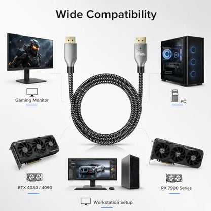 80Gbps DisplayPort 2.1 Cable 3.3FT, DP 2.1 Cable [Supports 16K@60Hz, 8K@120Hz, 4K@240Hz/165Hz/144Hz], Compatible with FreeSync/G-Sync Gaming Monitors, Suitable for RTX 5090/7900 XTX
